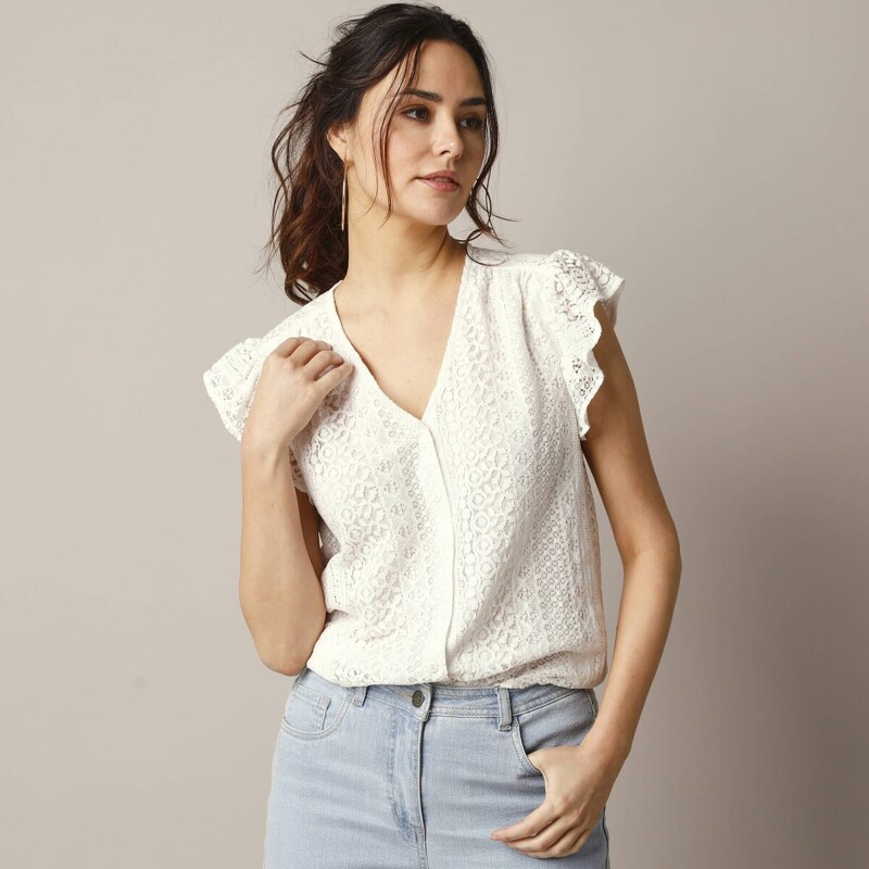 Košeľová blúzka s výstrihom do V a čipkou ražná 052 Blancheporte 62884808