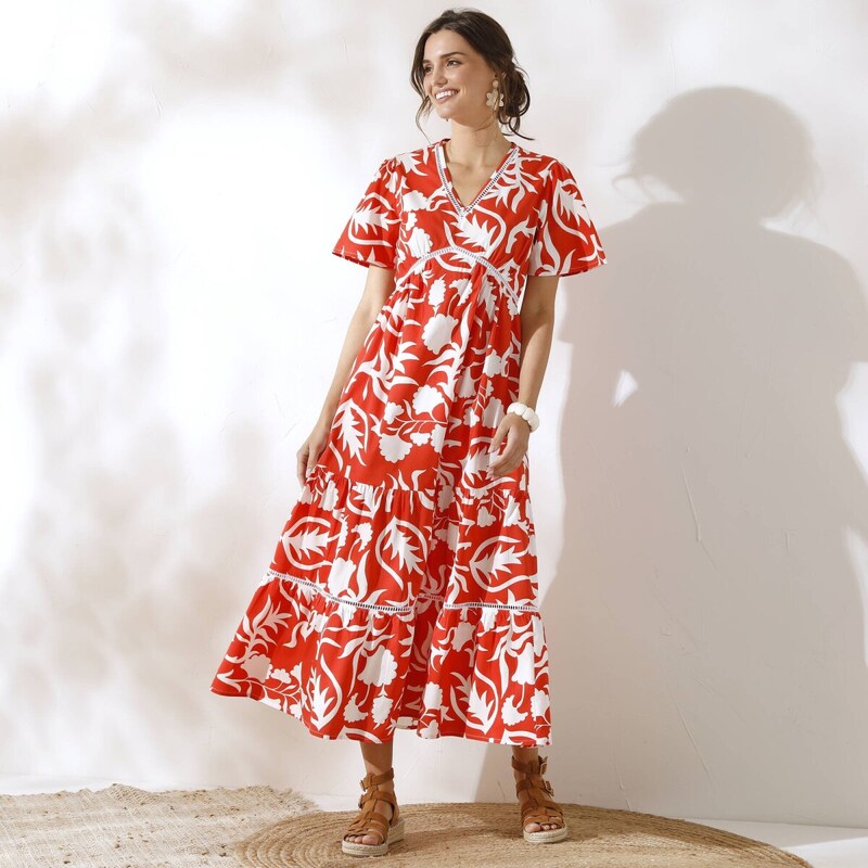 Dlhé šaty s potlačou a háčkovanými detailmi oranžová/ražná 036 62884818