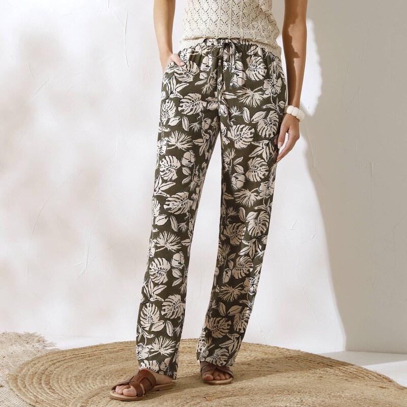 Vzdušné široké nohavice s rastlinnou potlačou khaki/ražná 040 62884820