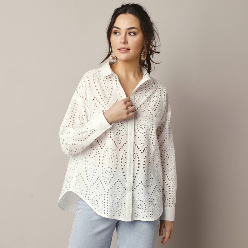 Košeľová blúzka s madeirovou výšivkou biela 038 Blancheporte 62884841