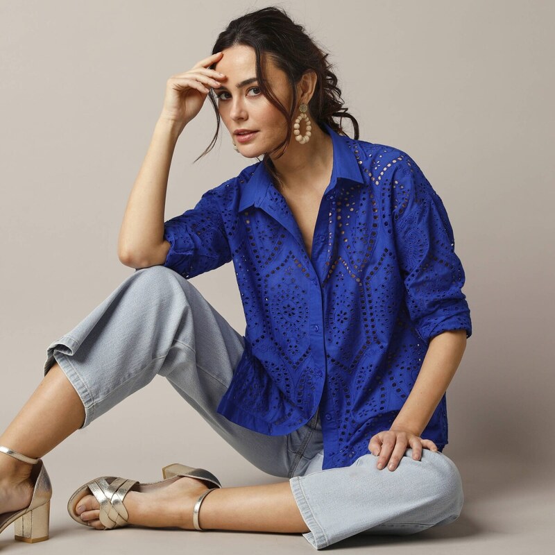 Košeľová blúzka s madeirovou výšivkou modrá 038 Blancheporte 62884842