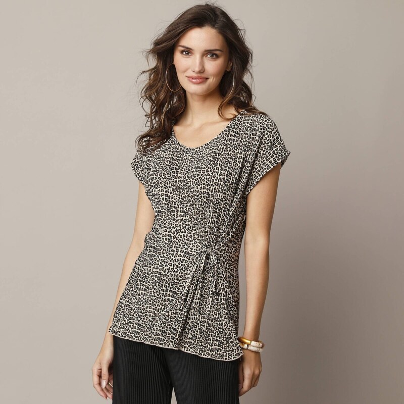 Tunikové tričko z lesklého plisovaného úpletu s potlačou béžová/čierna 62884867