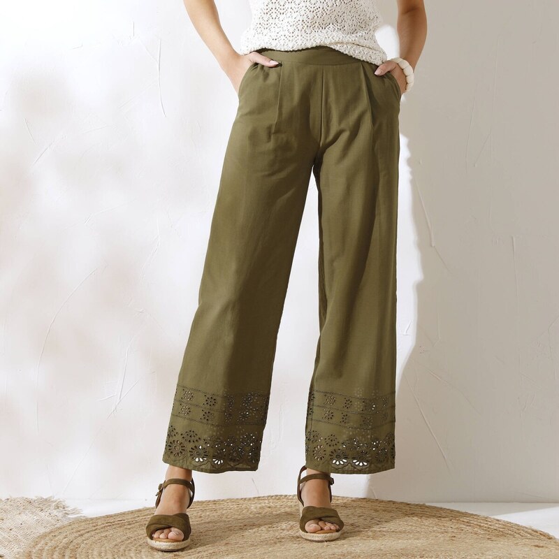 7/8 široké nohavice s madeirovou výšivkou khaki 042 Blancheporte 62884901
