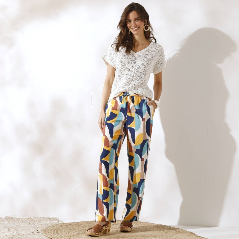 Vzdušné široké nohavice s grafickou potlačou modrá/béžová 038 62884910