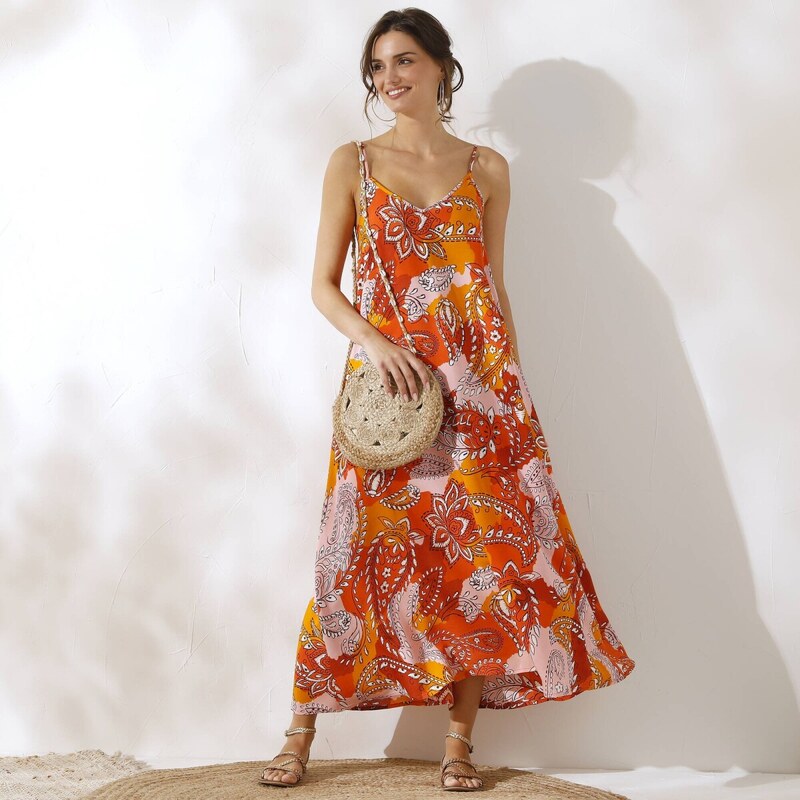 Dlhé šaty s XXL potlačou a tenkými ramienkami terakota/broskyňová 042 62884915