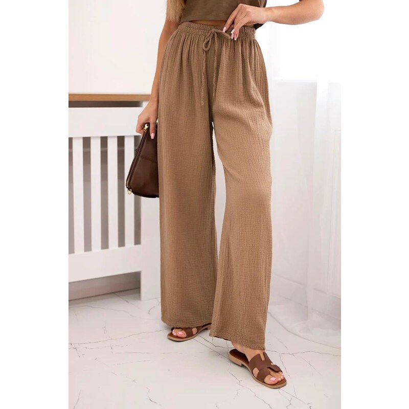 MladaModa Široké mušelínové nohavice model 3204 farba camel 63034344