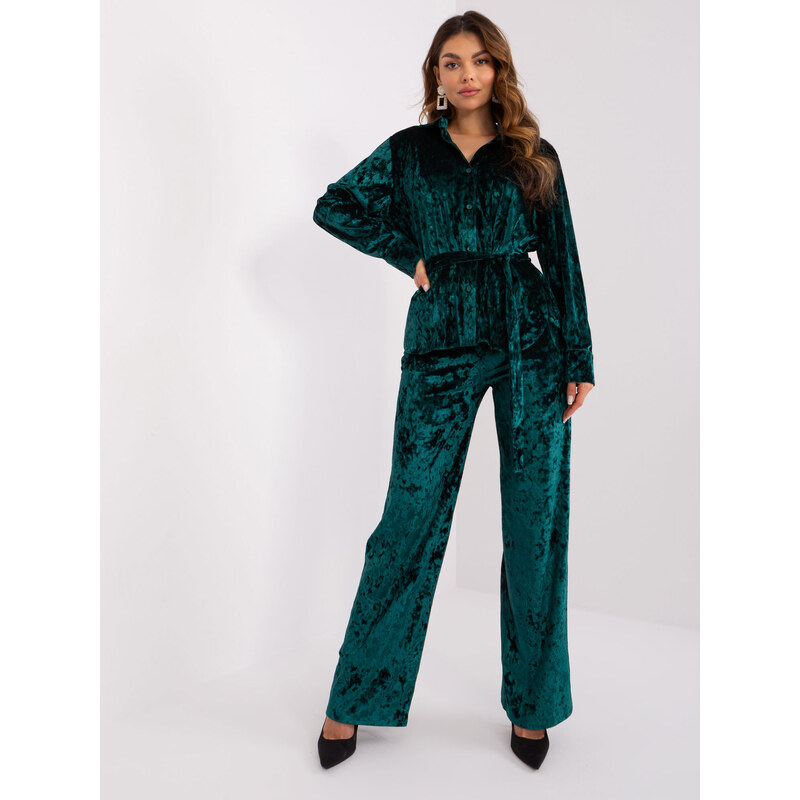 BASIC Tmavozelený velúrový komplet nohavíc a košele LK-KMPL-509427.43 47888317