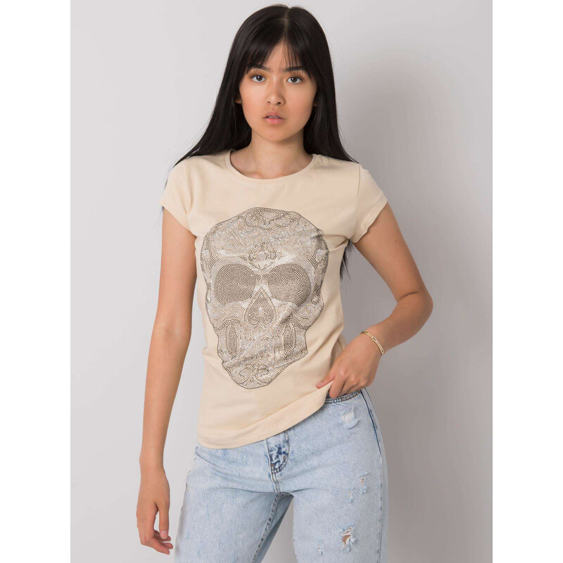 BASIC Béžové dámske tričko s motívom lebky EM-TS-ES-21-532.18-beige 24927648
