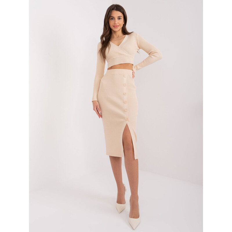 BASIC Béžový komplet crop svetra a sukne -EM-KMPL-ZM13013.67-beige 49386058