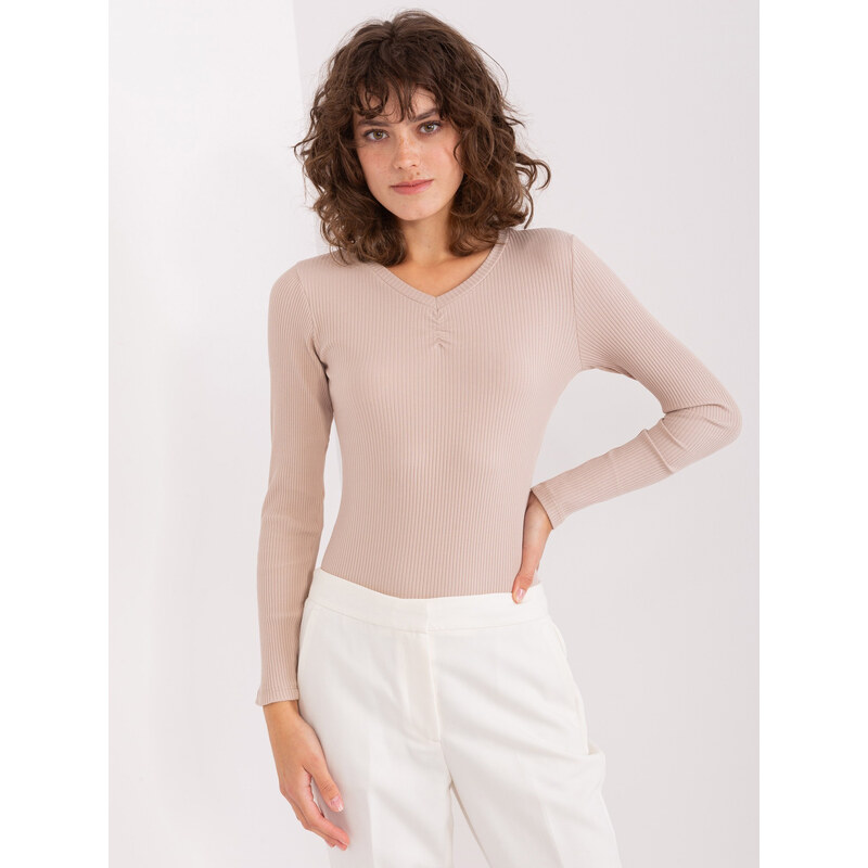 BASIC FEEL GOOD Béžové rebrované tričko s výstrihom RV-BZ-9210.73 46801726