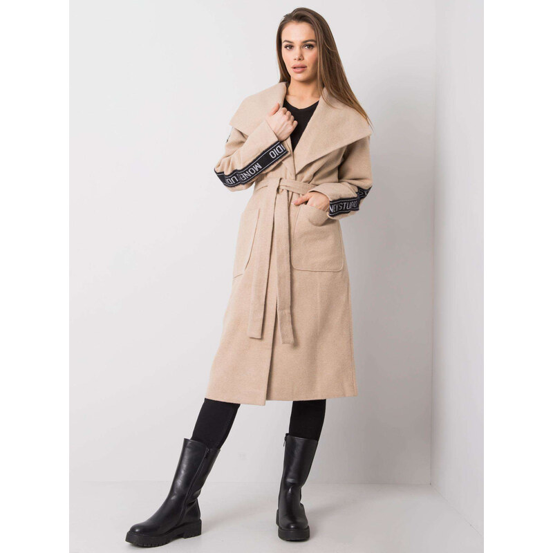 BASIC Béžový dámsky kabát s pruhom na rukávoch -LK-PL-508316.95P-beige 21374830