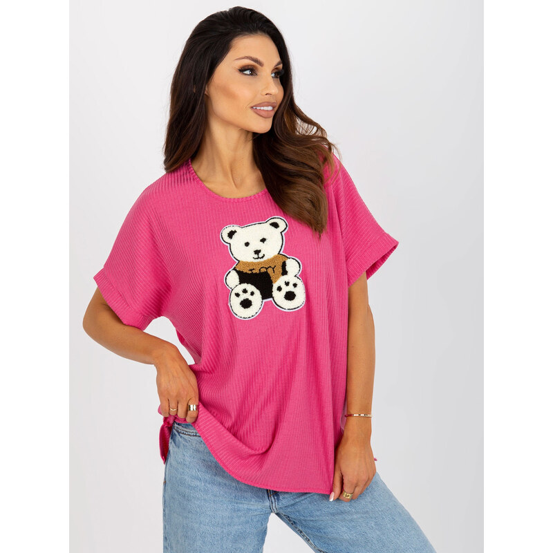 BASIC Fuchsiové rebrované tričko s medvedíkom LK-BZ-509251.26X-fuchsia 39391024