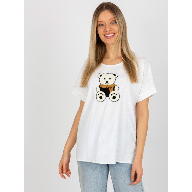 BASIC Smotanové rebrované tričko s medvedíkom LK-BZ-509251.26X-ecru 39403195