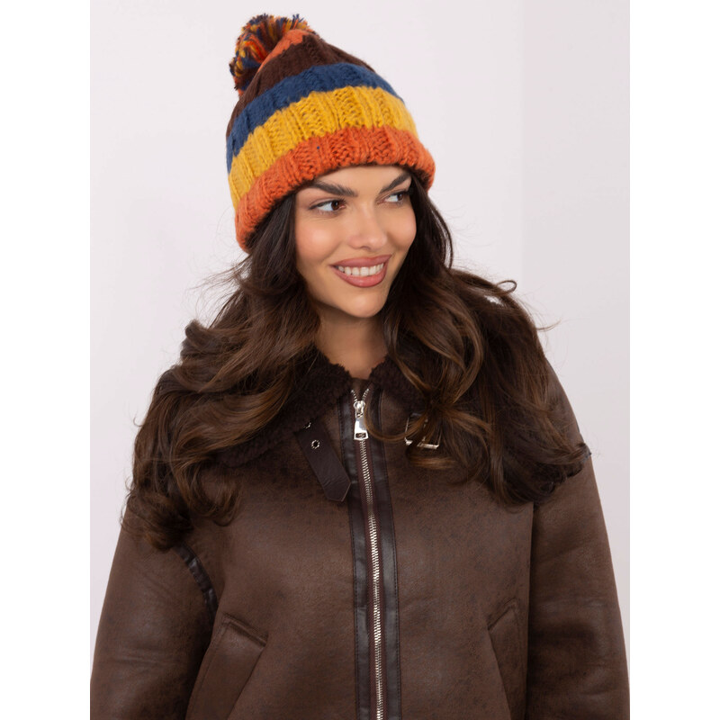 Fashion Hunters Pruhovaná dámska zimná čiapka s brmbolcom - oranžová 60699274