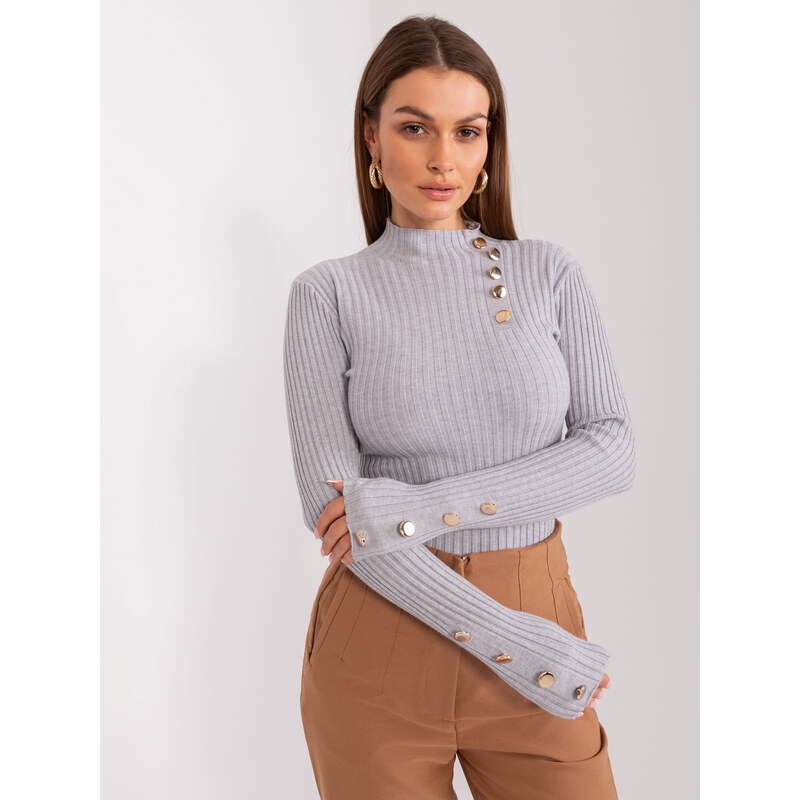 BASIC Sivý rebrovaný sveter s ozdobnými gombíkmi PM-SW-PM-3217.08-grey 48764839
