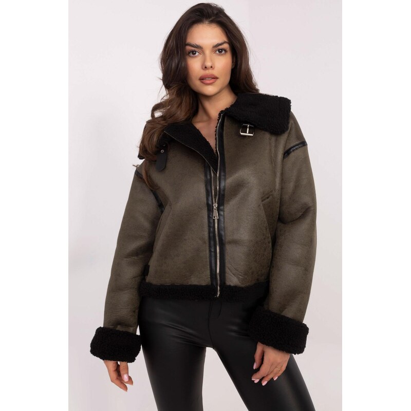 MladaModa Krátka zateplená zimná biker bunda model 62029 farba khaki 65626849