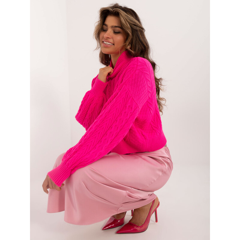 BASIC Neónovo ružový kratší sveter s vrkočovým vzorom BA-SW-0827.25 56217503