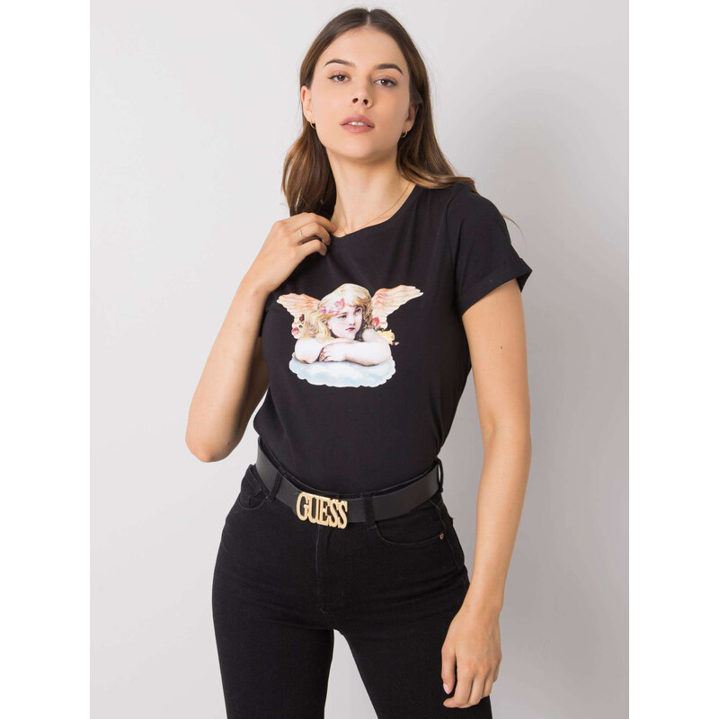 RUE PARIS Čierne dámske tričko s potlačou anjela RO-TS-2307.21-black 57947590