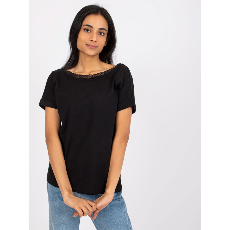 RUE PARIS Čierne klasické tričko Salma zdobené čipkou -RV-BZ-7544.00 57949364