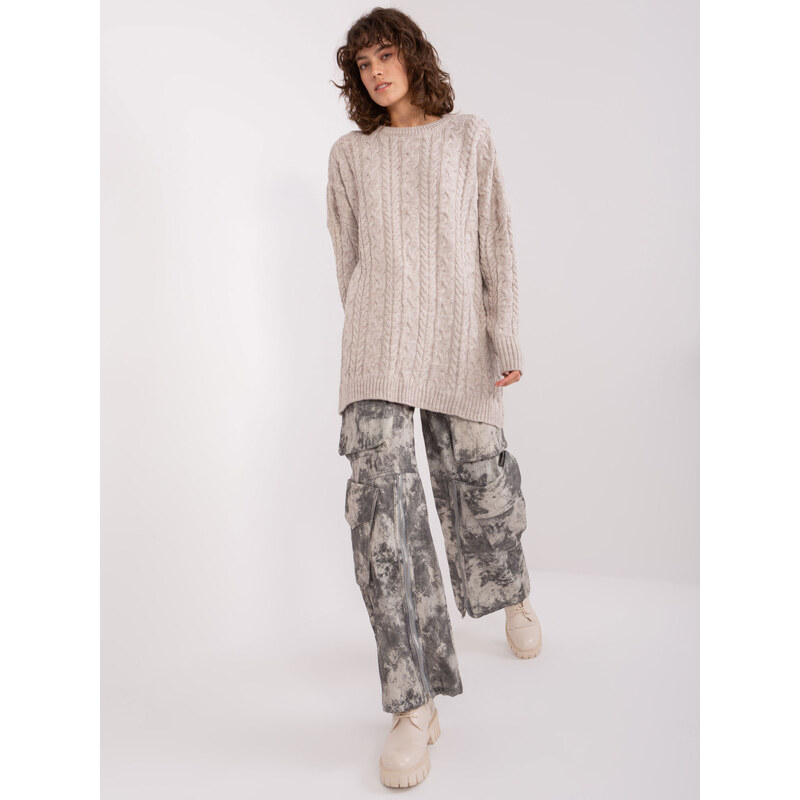 BASIC Béžový voľný sveter s vrkočovým vzorom BA-SW-8010-1.37X-beige 47338405