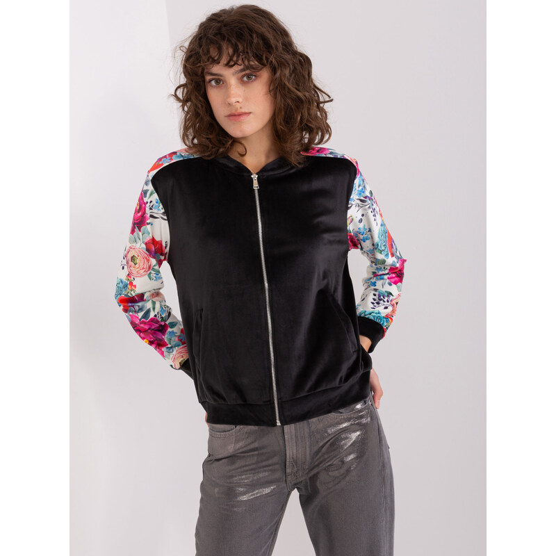 RUE PARIS Čierna velúrová mikina s kvetovanými rukávmi RV-BL-8235.38 57953716