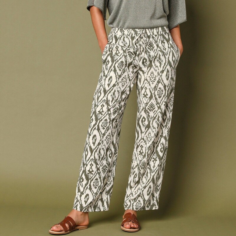 Široké nohavice s potlačou a pružným pásom ražná/khaki 036 51303366