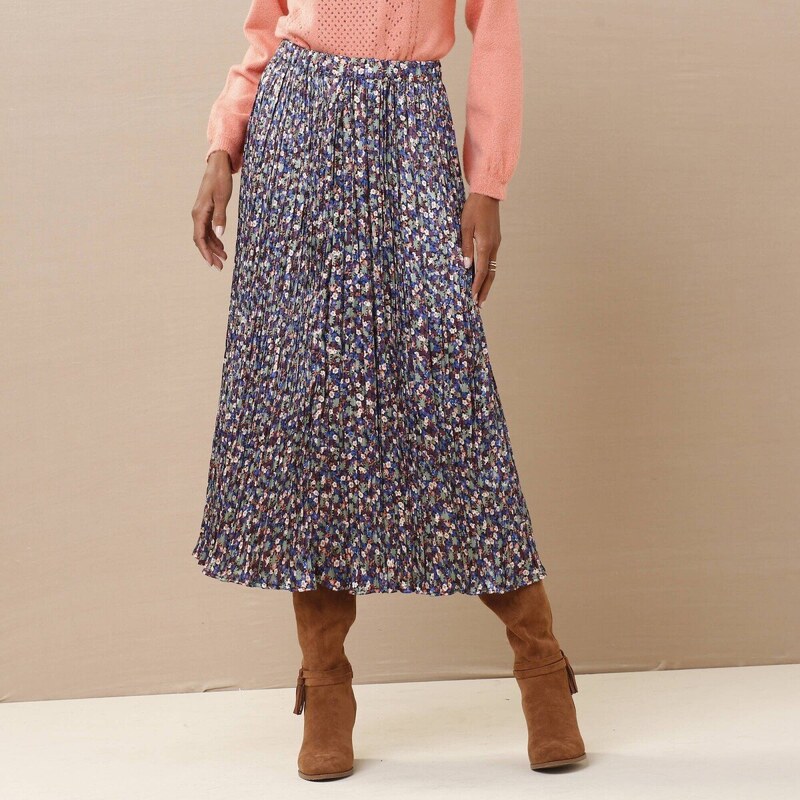 Plisovaná saténová midi sukňa s potlačou čierna/zelená 042 58265019