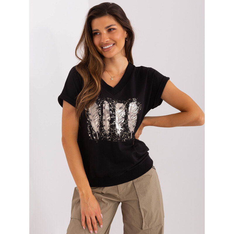 RUE PARIS Čierne tričko s potlačou pierok RV-BZ-8955.10-black 57952338