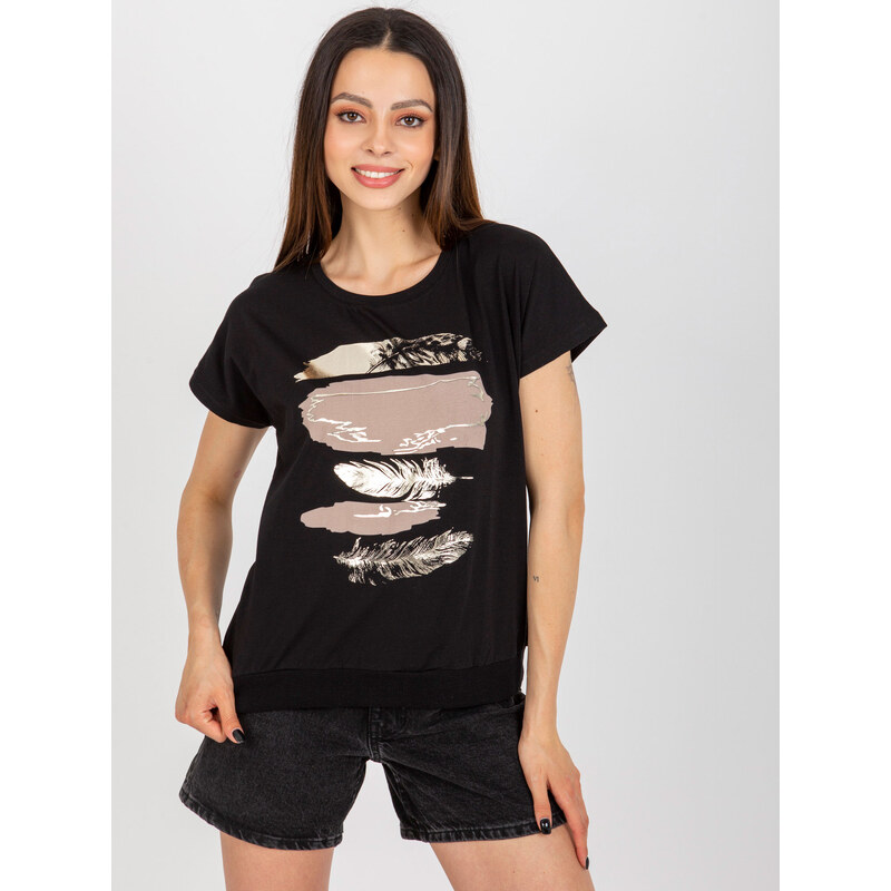 RUE PARIS Čierne tričko s lesklou potlačou pierok -RV-BZ-8953.41P 57952253