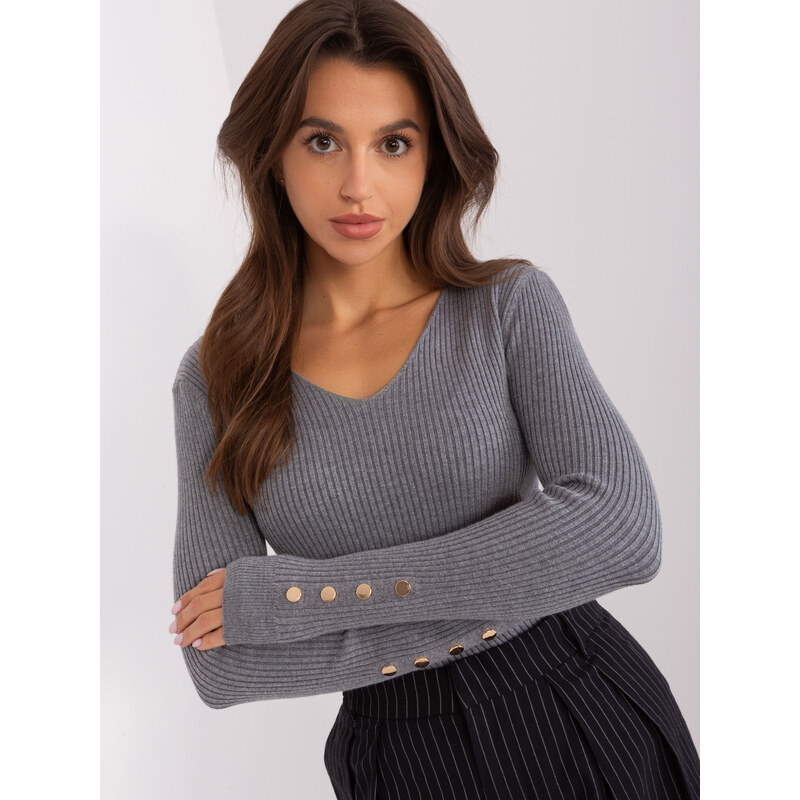 BASIC Sivý rebrovaný sveter s výstrihom PM-SW-PM305.22-dark grey 47404148