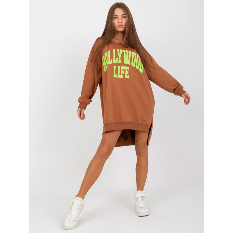 BASIC Mikinové šaty Hollywood life - karamelová/limetková -VI-BL-3102 36746682