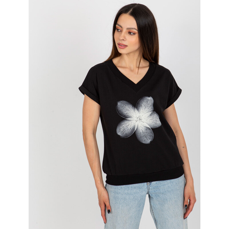 RUE PARIS Čierne tričko s potlačou kvetiny RV-BZ-8956.19P-black 57952252