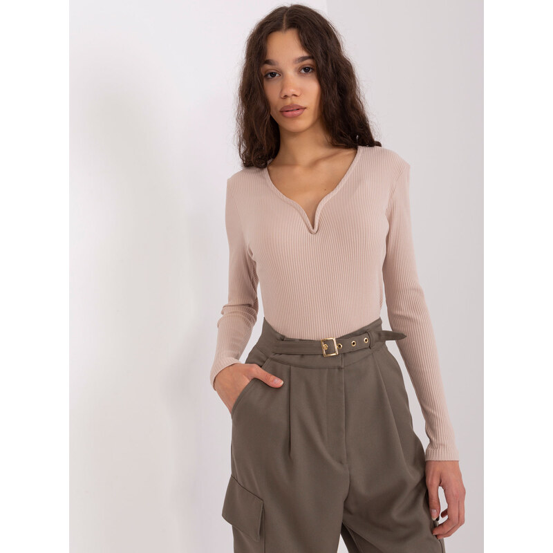 BASIC FEEL GOOD Béžové rebrované tričko s výstrihom -RV-BZ-9206.20 46898606