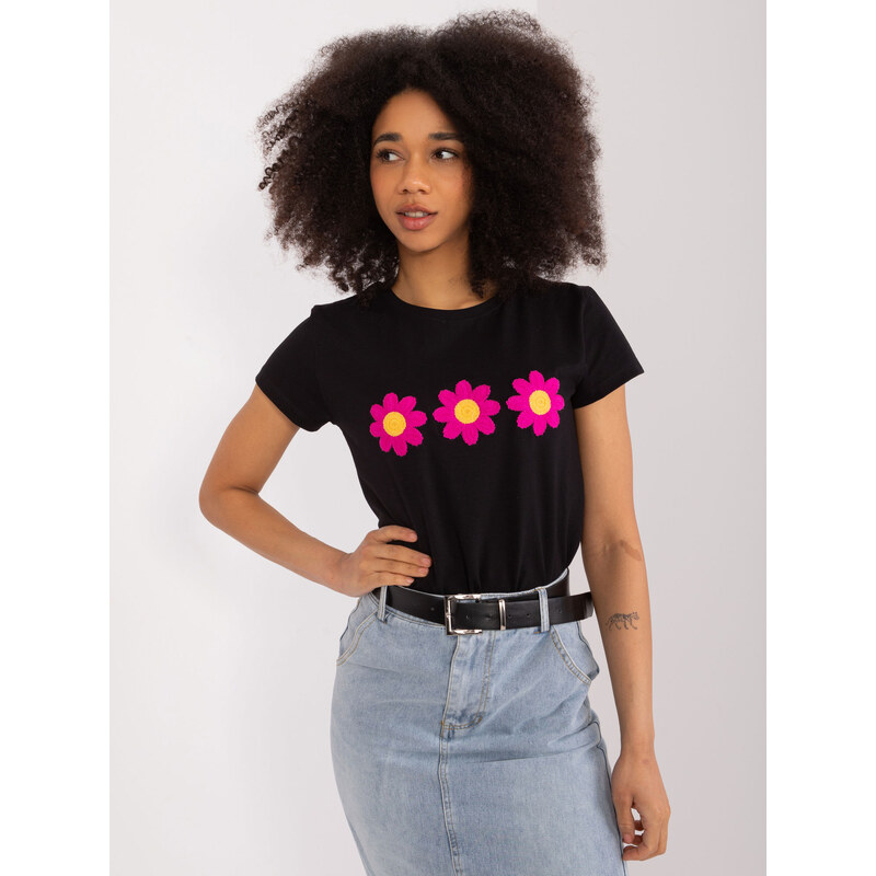 BASIC FEEL GOOD Čierne tričko s aplikáciou kvetov RV-BZ-9634.13-black 50358437