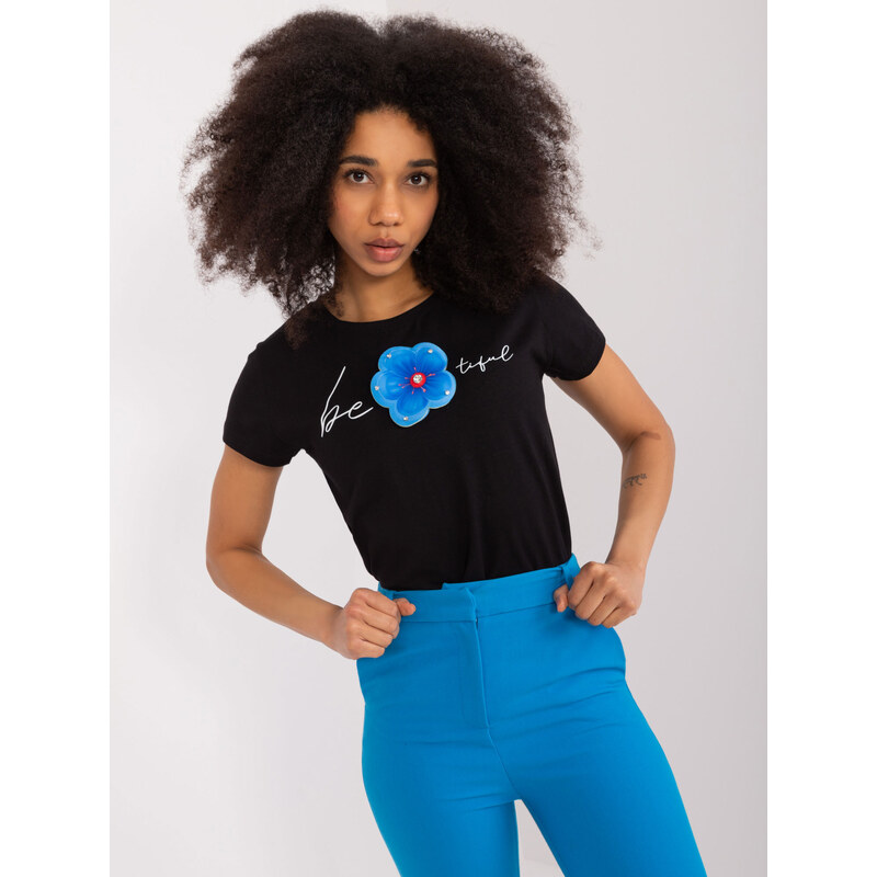 BASIC FEEL GOOD Čierne tričko s aplikáciou kvetiny RV-BZ-9647.16X 50358434