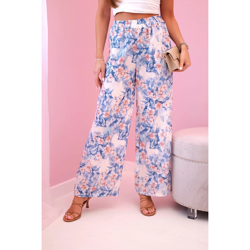 K-Fashion Dámske široké nohavice s kvetinovou potlačou modré 62958076
