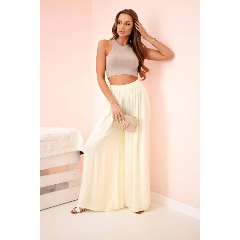 K-Fashion Dámske široké viskózové nohavice s elastickým pásom žlté 62958095