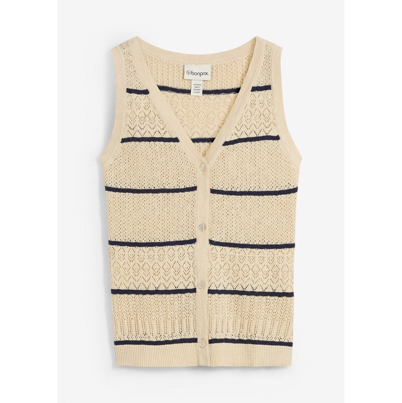 bonprix Pletená vesta, ažúrová, s podielom plátna, farba béžová 62972394