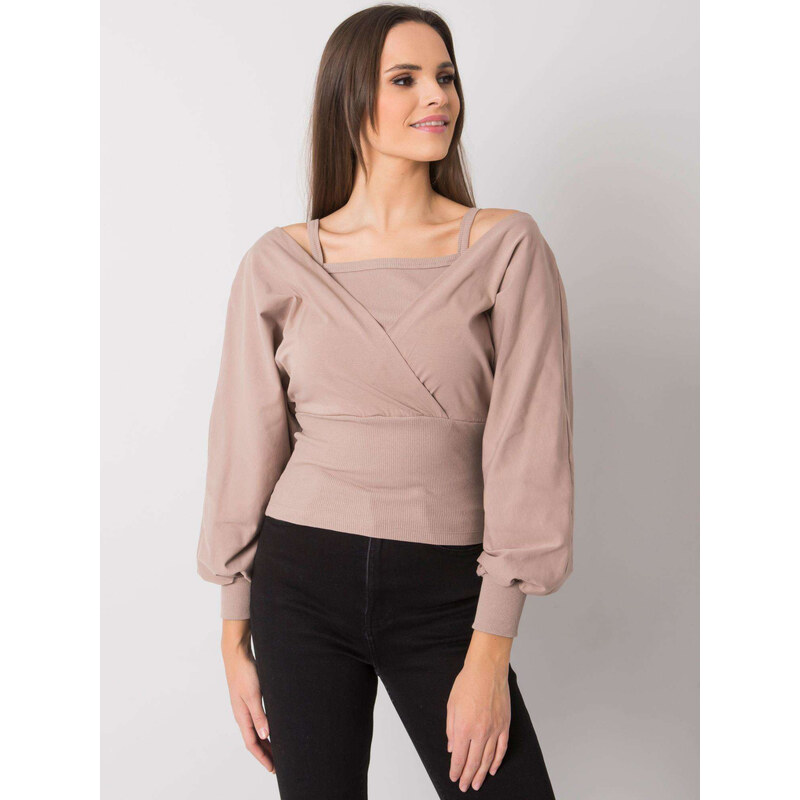 RUE PARIS Béžové dámske tričko s dlhými riasenými rukávmi RV-BZ-7311 57948878