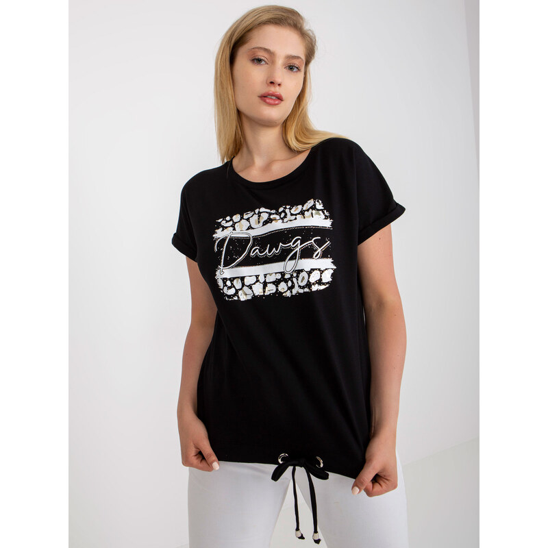 RELEVANCE Čierne tričko s potlačou, kamienkami a viazaním RV-TS-7657 57950293