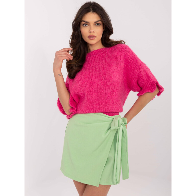 ITALY MODA Neónovo ružový dámsky oversize sveter s volánmi na rukávoch 66149451