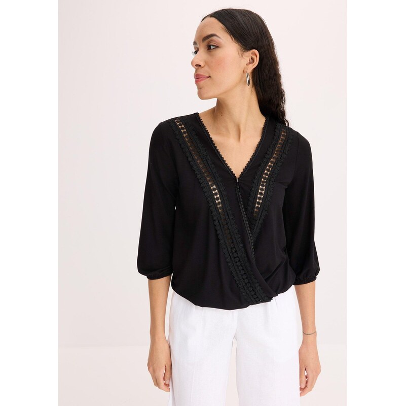 bonprix Čipkované tričko s 3/4-rukávom, v zavinovacom vzhľade, farba 62972982