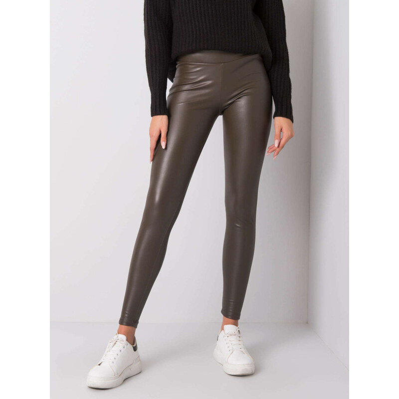 RUE PARIS Lesklé dámske khaki legíny RV-LG-6007.11-khaki 57948186