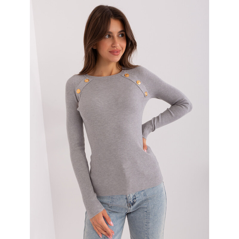 BASIC Sivý rebrovaný sveter s ozdobnými gombíkmi PM-SW-PM9750.08P-grey 47338133