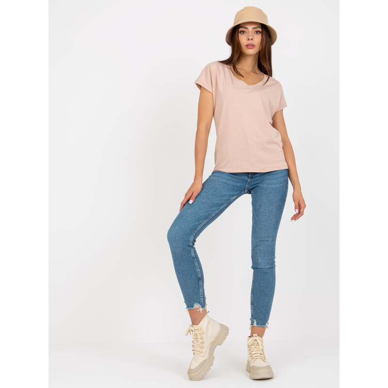 BASIC FEEL GOOD Béžové tričko s výstrihom do V -B-014.43-beige 34396122