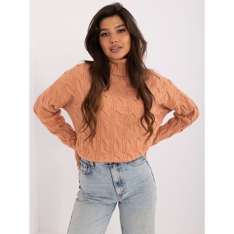 ITALY MODA Svetlo oranžový vrkôčikový sveter s rolákom AT-SW-23445.00 57956139