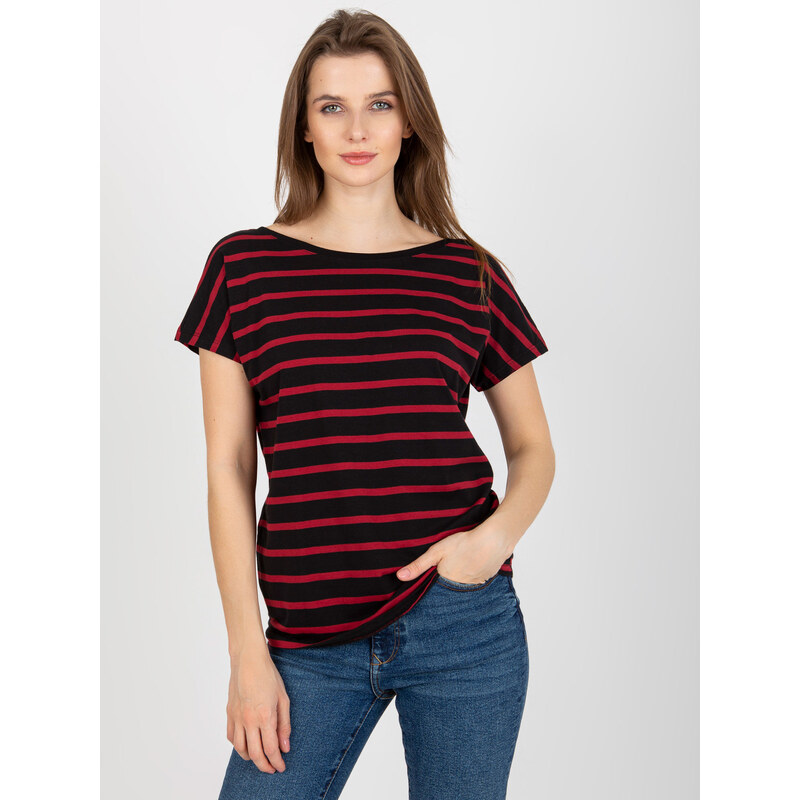 BASIC FEEL GOOD Čierno-červené pruhované tričko s výstrihom na chrbte 39328227