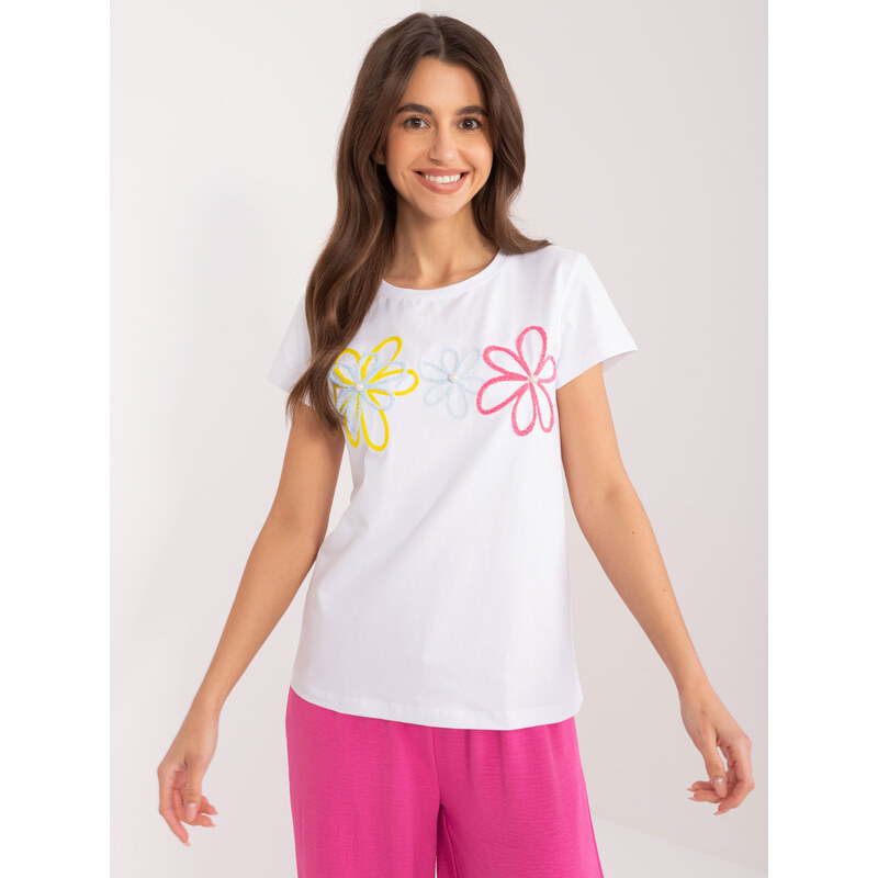 BASIC FEEL GOOD Biele tričko s aplikáciou kvetov -RV-TS-9648.30-white 52671090