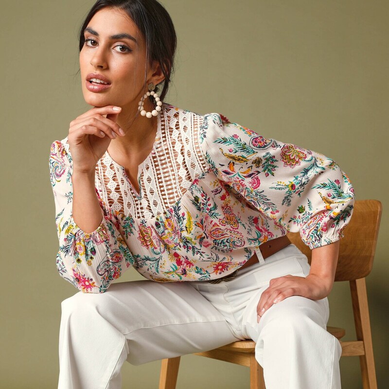 Krepónová blúzka s 3/4 rukávmi, potlačou a macramé ražná/ružová 036 50384361