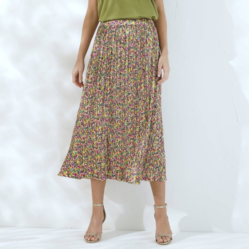 Plisovaná saténová midi sukňa s potlačou khaki/purpurová 044 62999413